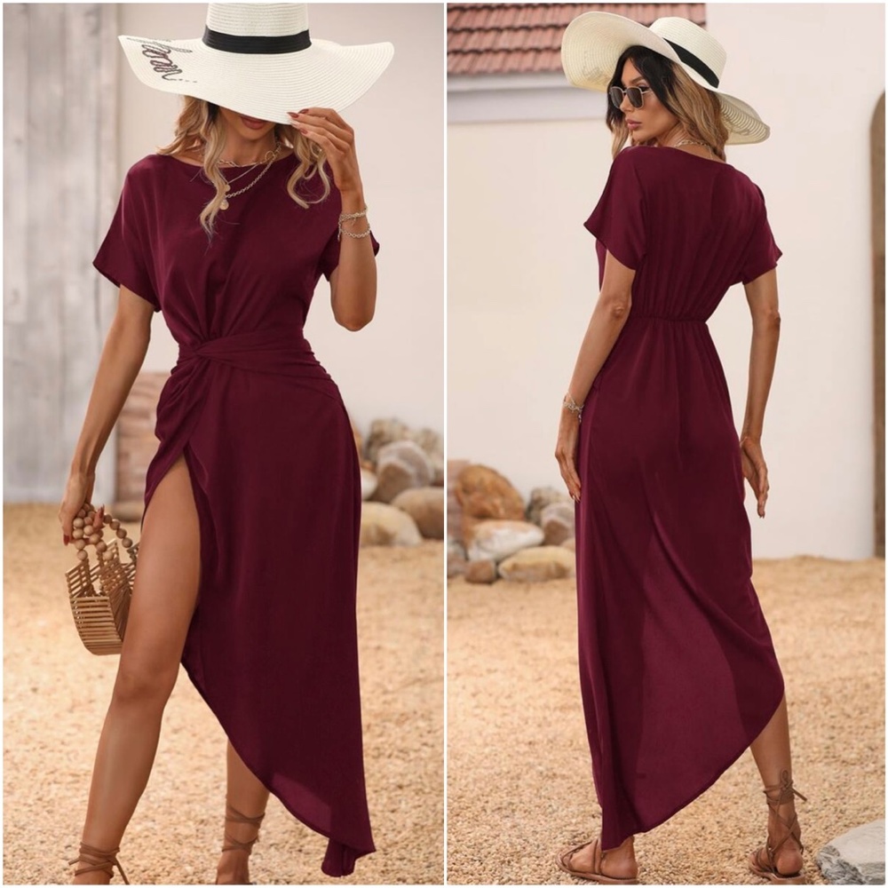 Boho Burgundy Twist Detail Split Leg Sexy Maxi Dress - Picture 3 of 7